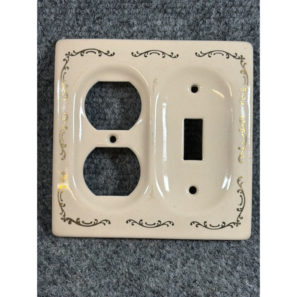 Vintage Ceramic Switch Outlet Combo Plate Cream Gold Filigree Scrollwork Cover
